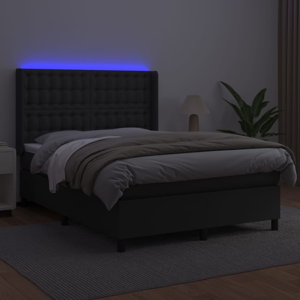 Krevet box spring s madracem LED crni 140x200cm od umjetne kože
