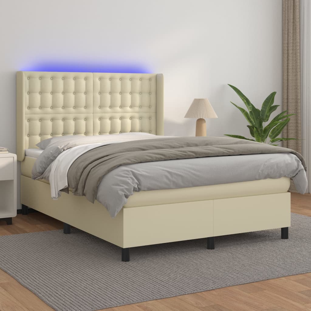 Krevet box spring s madracem LED krem 140x200cm od umjetne kože