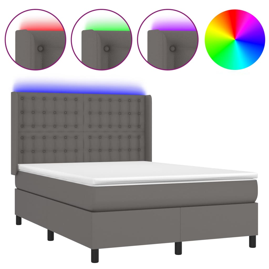 Krevet box spring s madracem LED sivi 140x200cm od umjetne kože