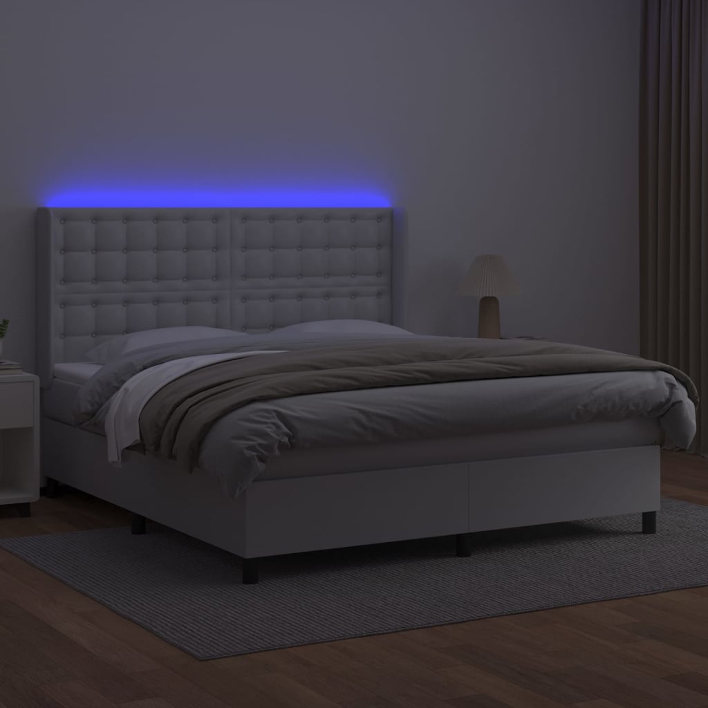 Krevet box spring s madracem LED bijeli 160x200 cm umjetna koža