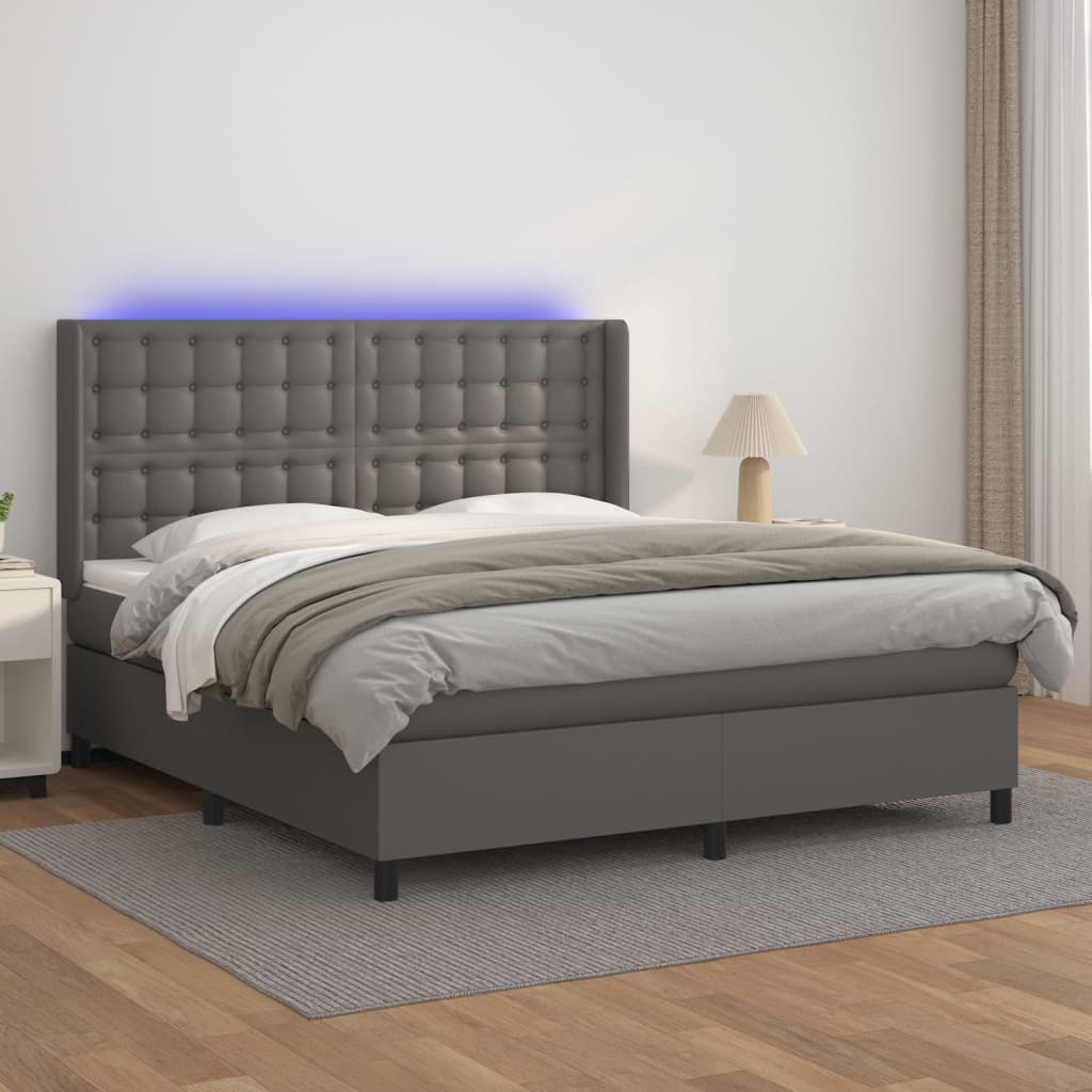 Krevet box spring s madracem LED sivi 160x200cm od umjetne kože