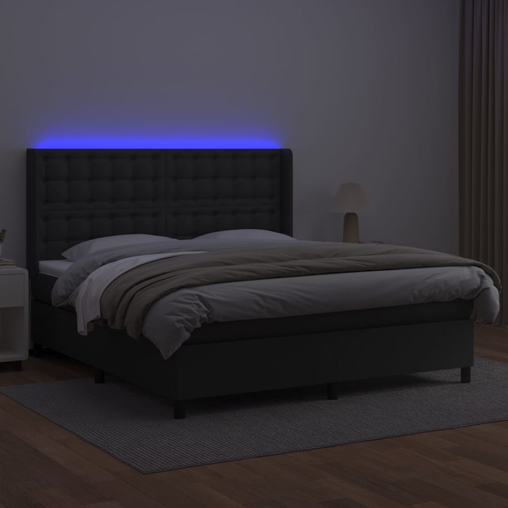 Krevet box spring s madracem LED crni 180x200cm od umjetne kože