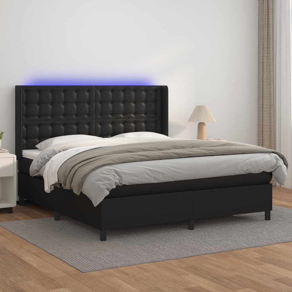 Krevet box spring s madracem LED crni 180x200cm od umjetne kože
