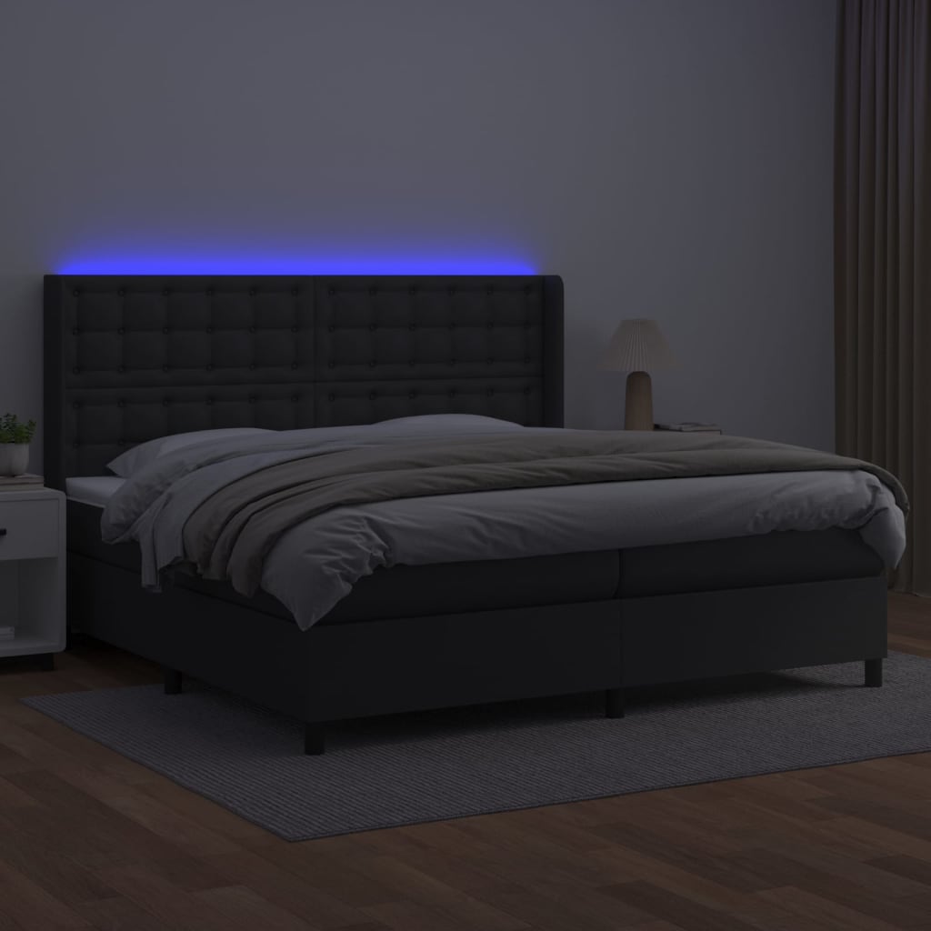 Krevet box spring s madracem LED crni 200x200cm od umjetne kože