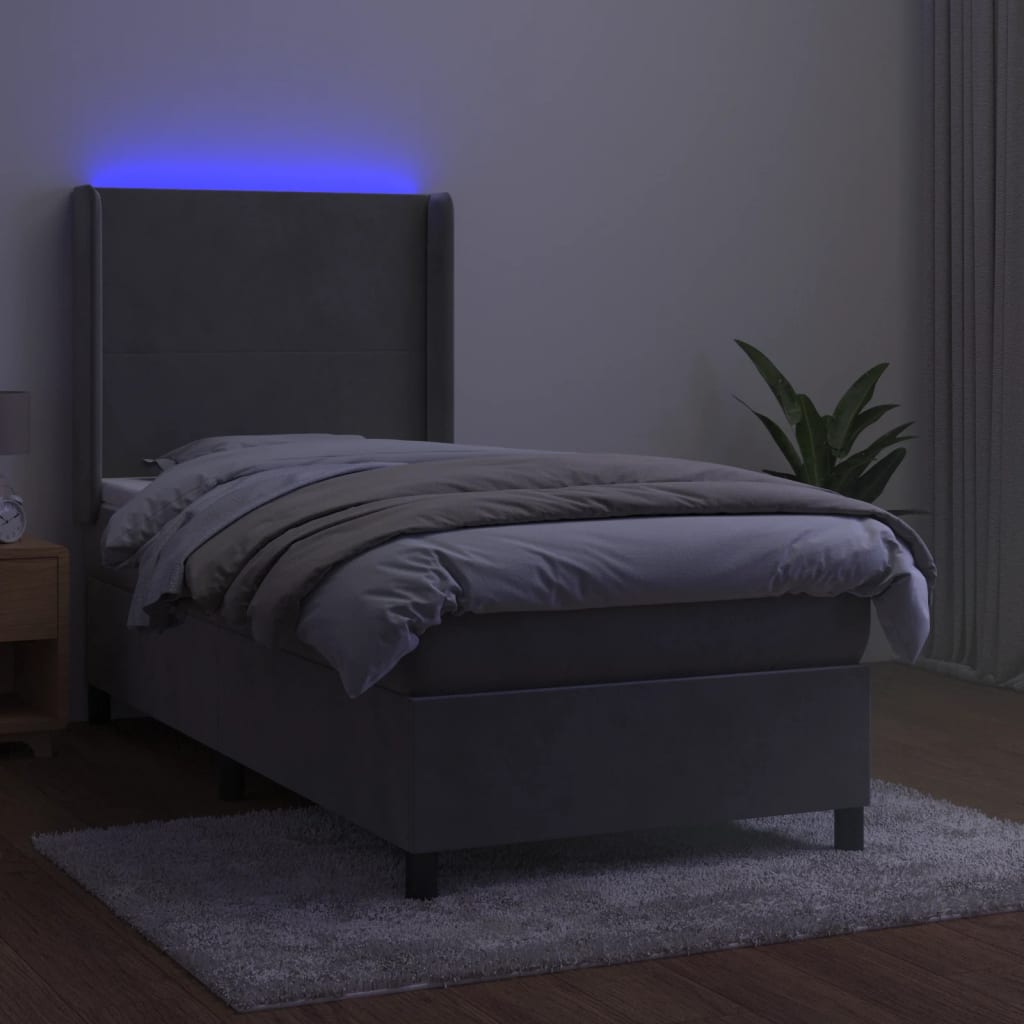 Krevet box spring s madracem LED svjetlosivi 80x200 cm baršun