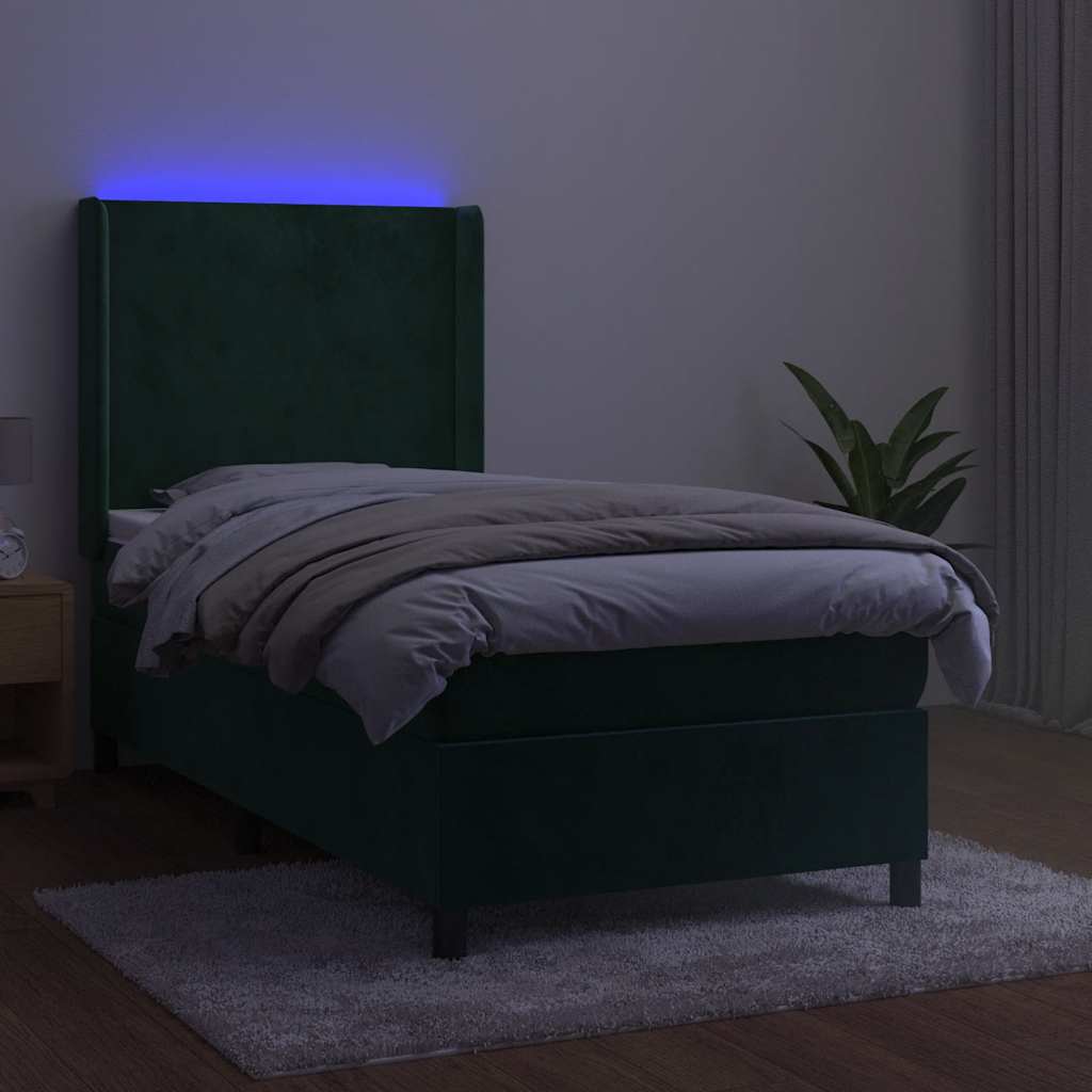 Krevet box spring s madracem LED tamnozeleni 90x200 cm baršun