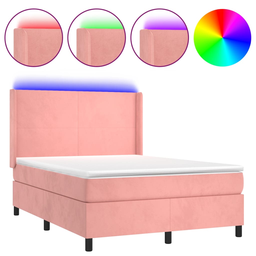 Krevet box spring s madracem LED ružičasti 140x190cm baršunasti