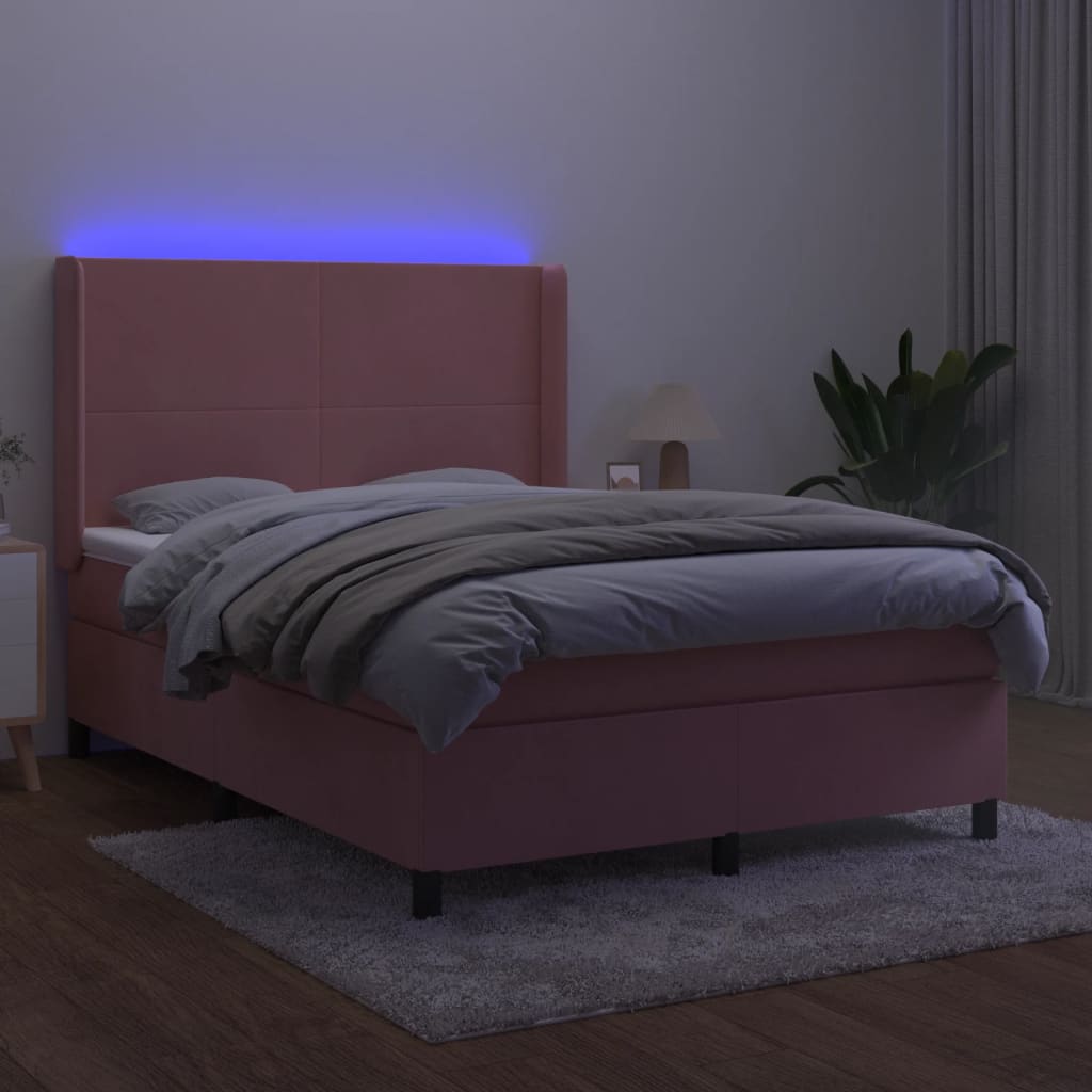Krevet box spring s madracem LED ružičasti 140x190cm baršunasti