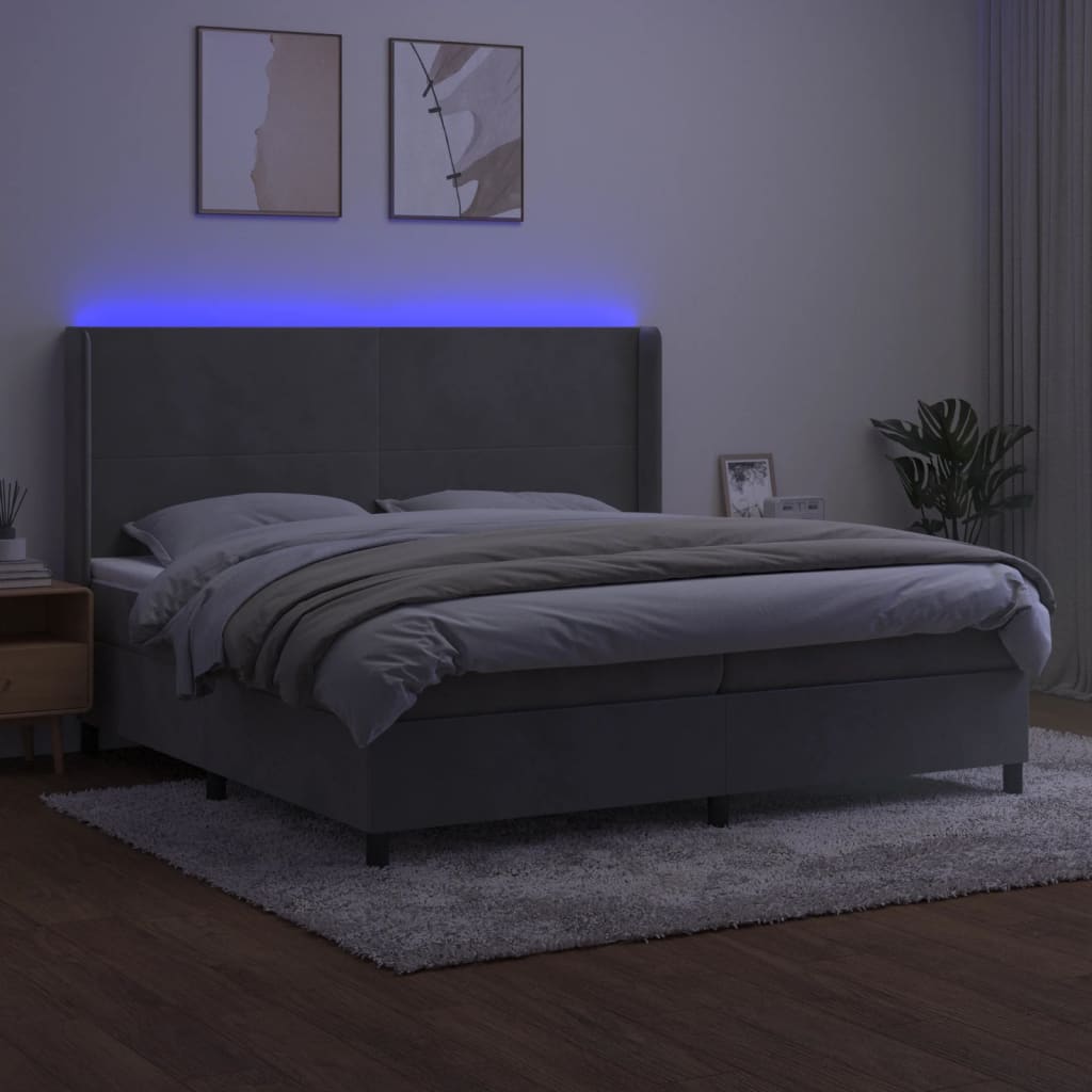 Krevet box spring s madracem LED svjetlosivi 200x200 cm baršun