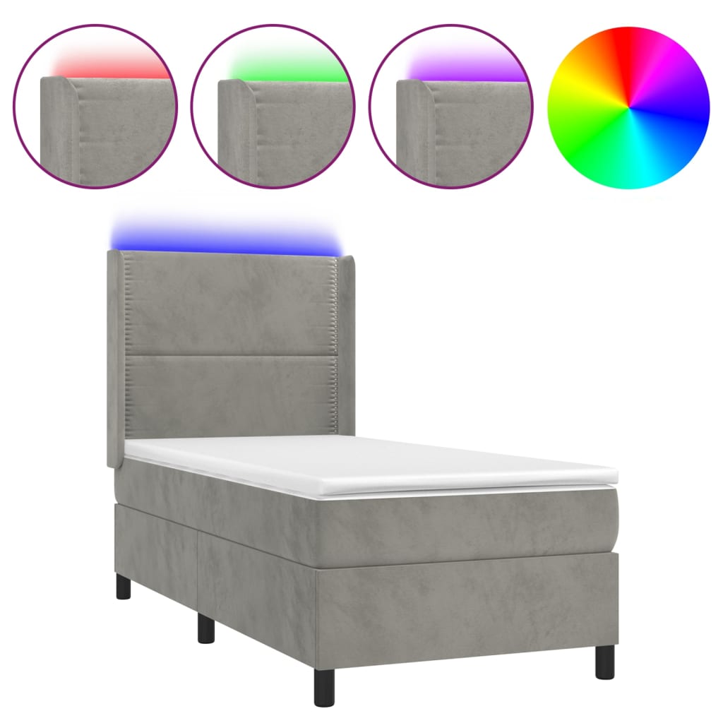 Krevet box spring s madracem LED svjetlosivi 100x200 cm baršun