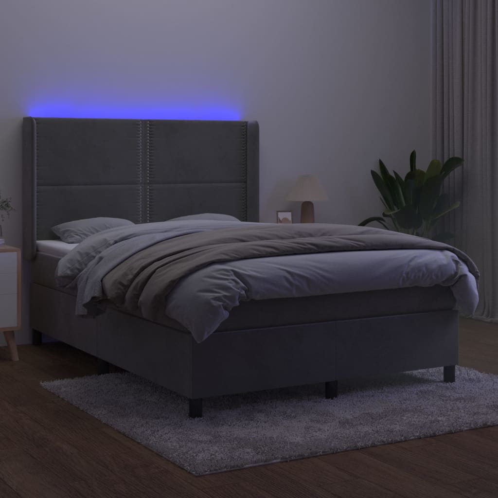 Krevet box spring s madracem LED svjetlosivi 140x190 cm baršun