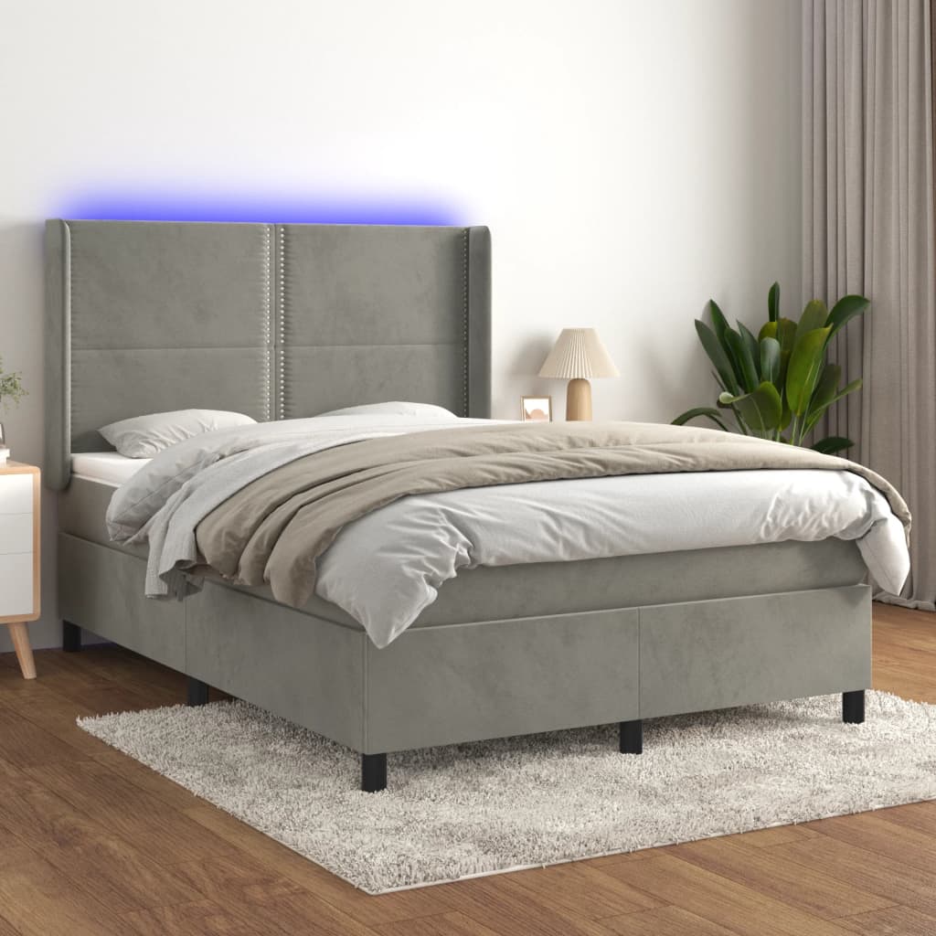 Krevet box spring s madracem LED svjetlosivi 140x190 cm baršun
