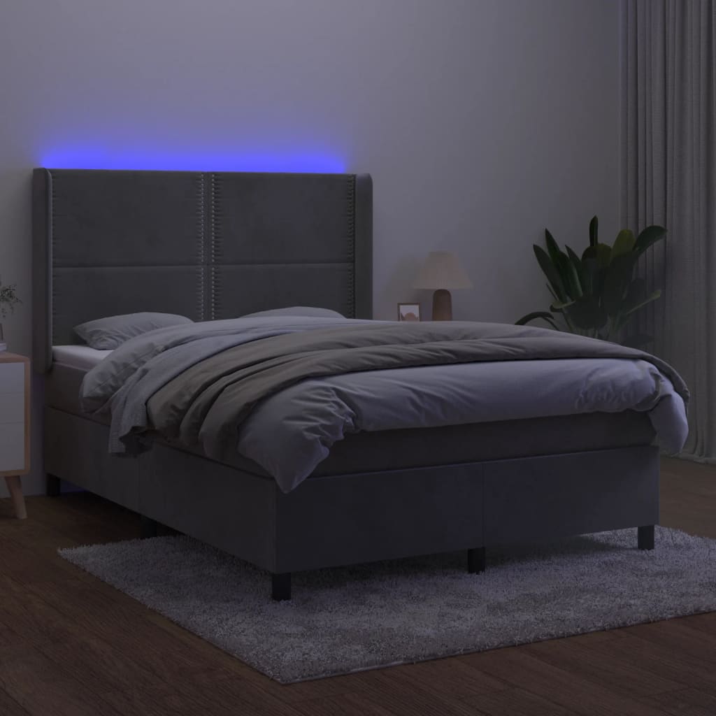 Krevet box spring s madracem LED svjetlosivi 140x200 cm baršun