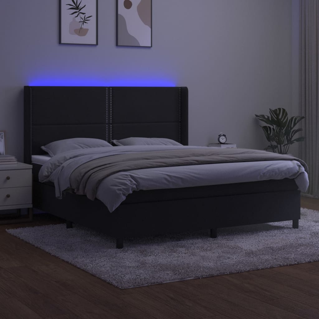 Krevet box spring s madracem LED crni 180x200 cm baršun