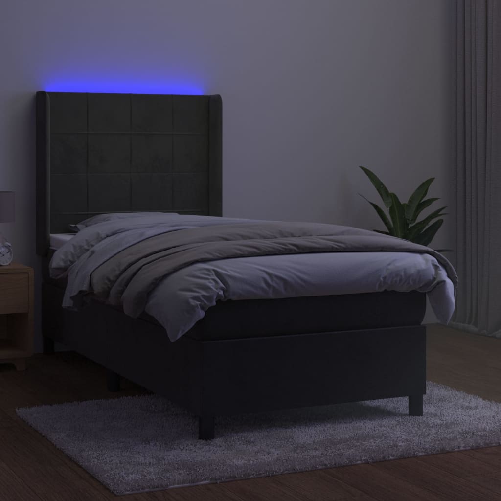 Krevet box spring s madracem LED tamnosivi 90x190 cm baršun