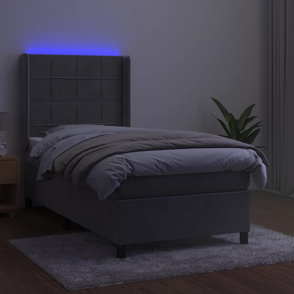 Krevet box spring s madracem LED svjetlosivi 90x200 cm baršun