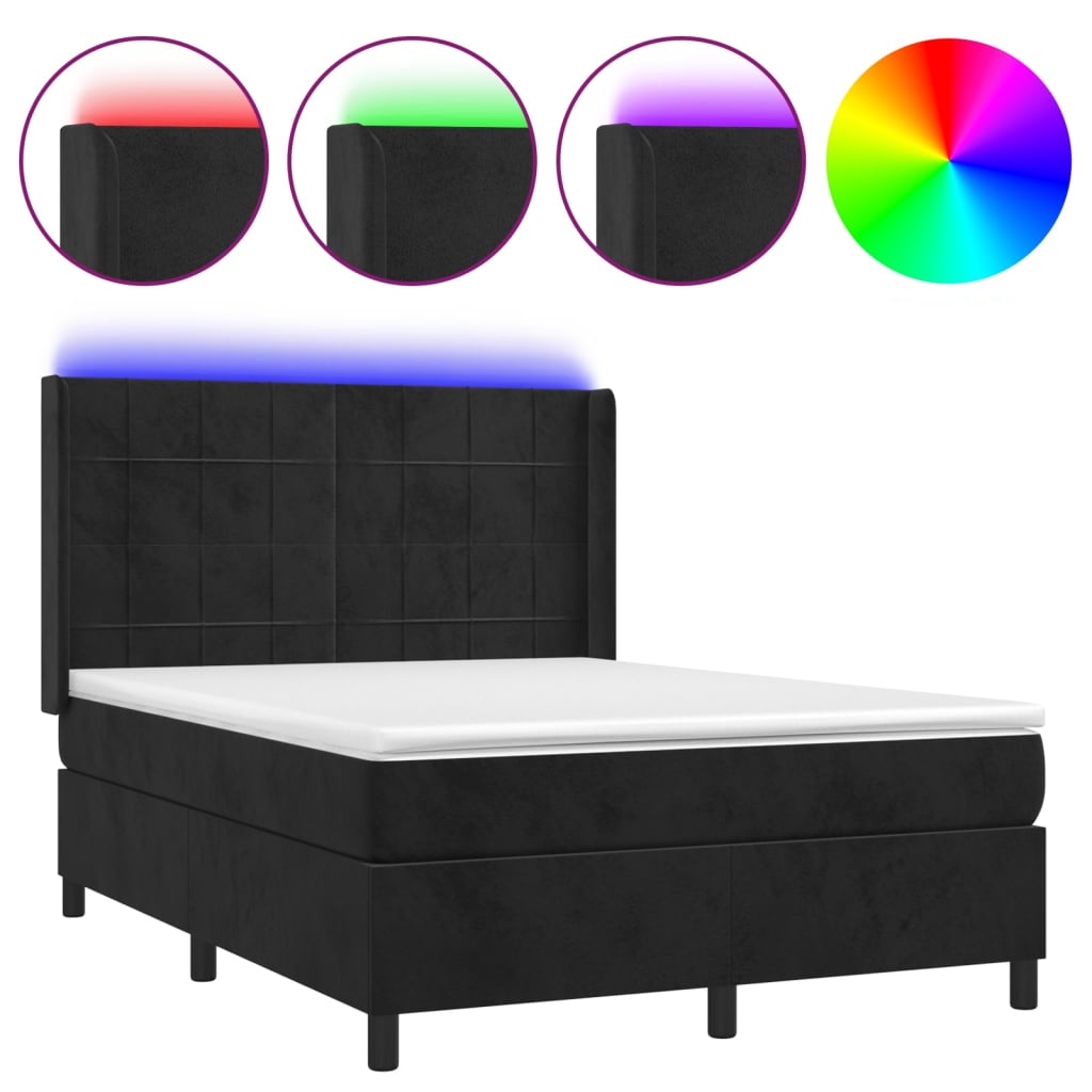 Krevet box spring s madracem LED crni 140x190 cm baršun