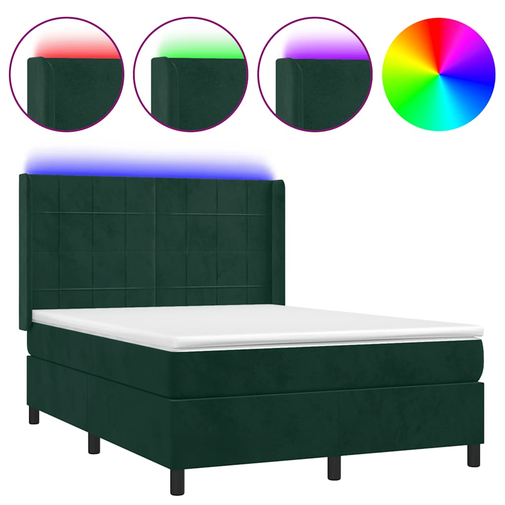 Krevet box spring s madracem LED tamnozeleni 140x200 cm baršun