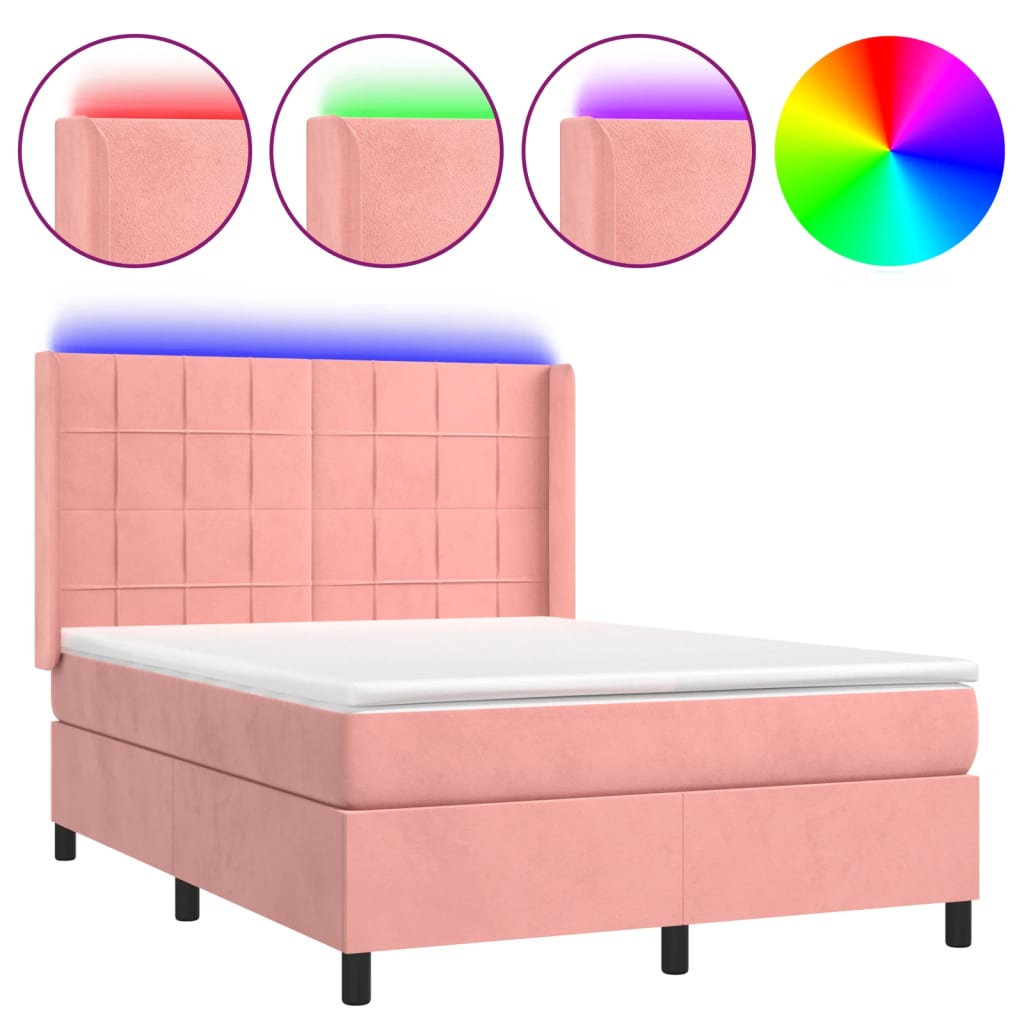 Krevet box spring s madracem LED ružičasti 140x200cm baršunasti