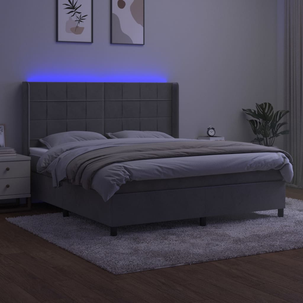 Krevet box spring s madracem LED svjetlosivi 160x200 cm baršun