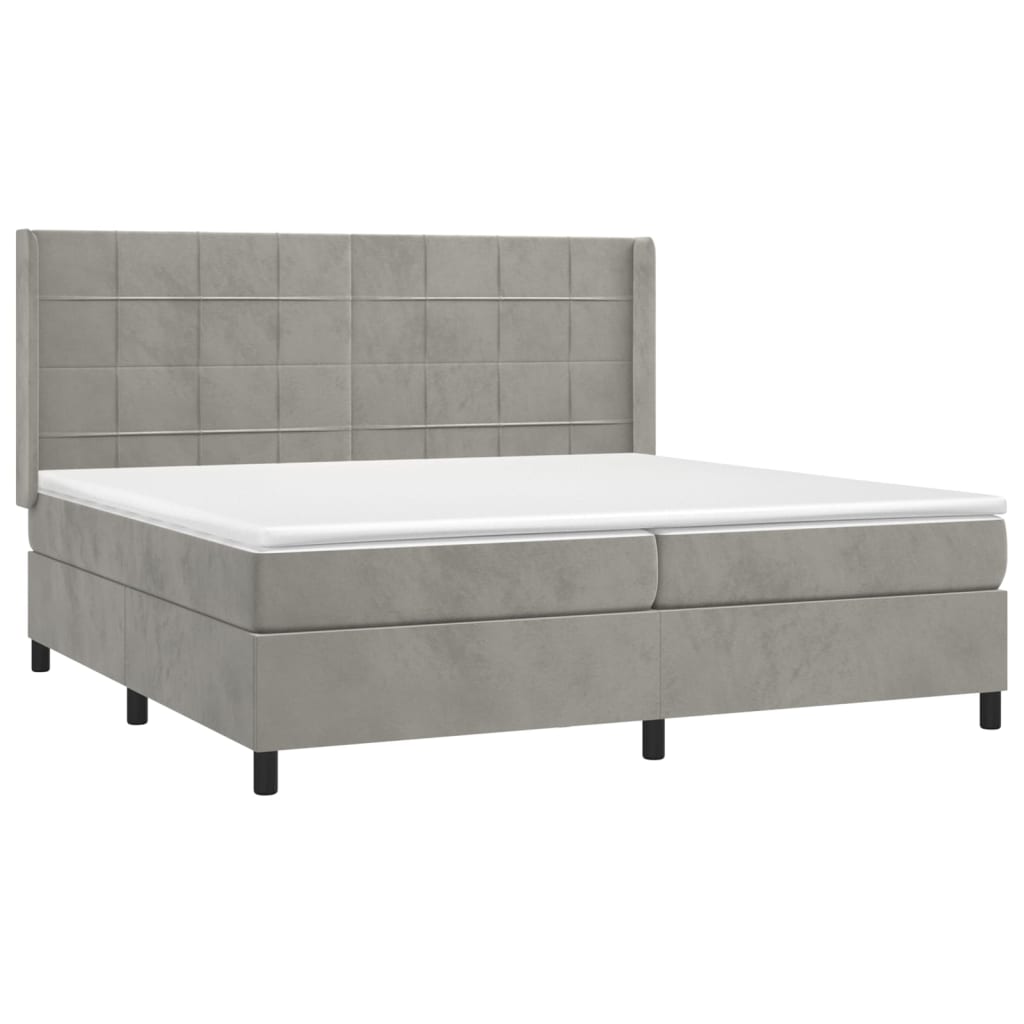 Krevet box spring s madracem LED svjetlosivi 200x200 cm baršun