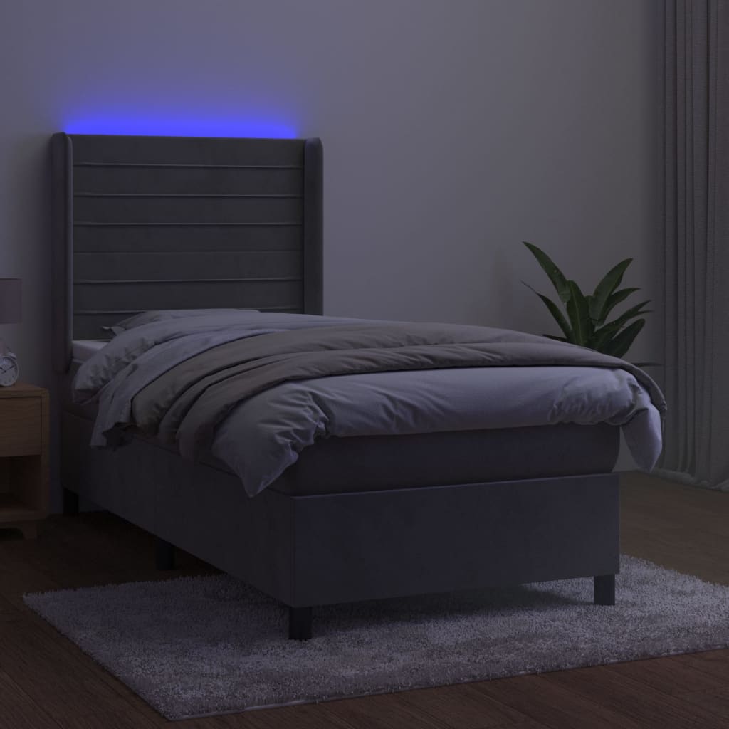 Krevet box spring s madracem LED svjetlosivi 90x190 cm baršun
