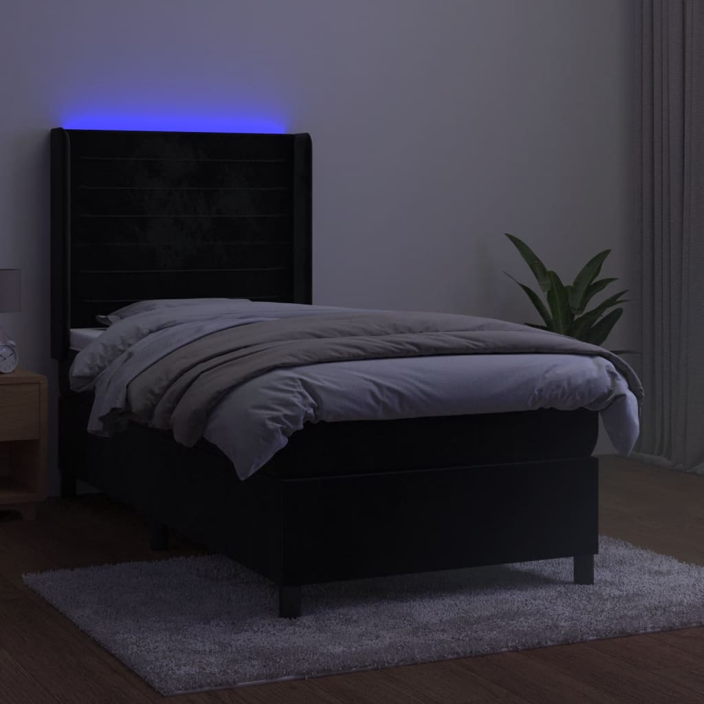 Krevet box spring s madracem LED crni 90x190 cm baršun
