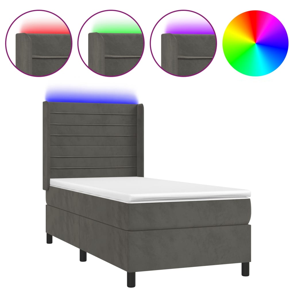 Krevet box spring s madracem LED tamnosivi 90x200 cm baršun