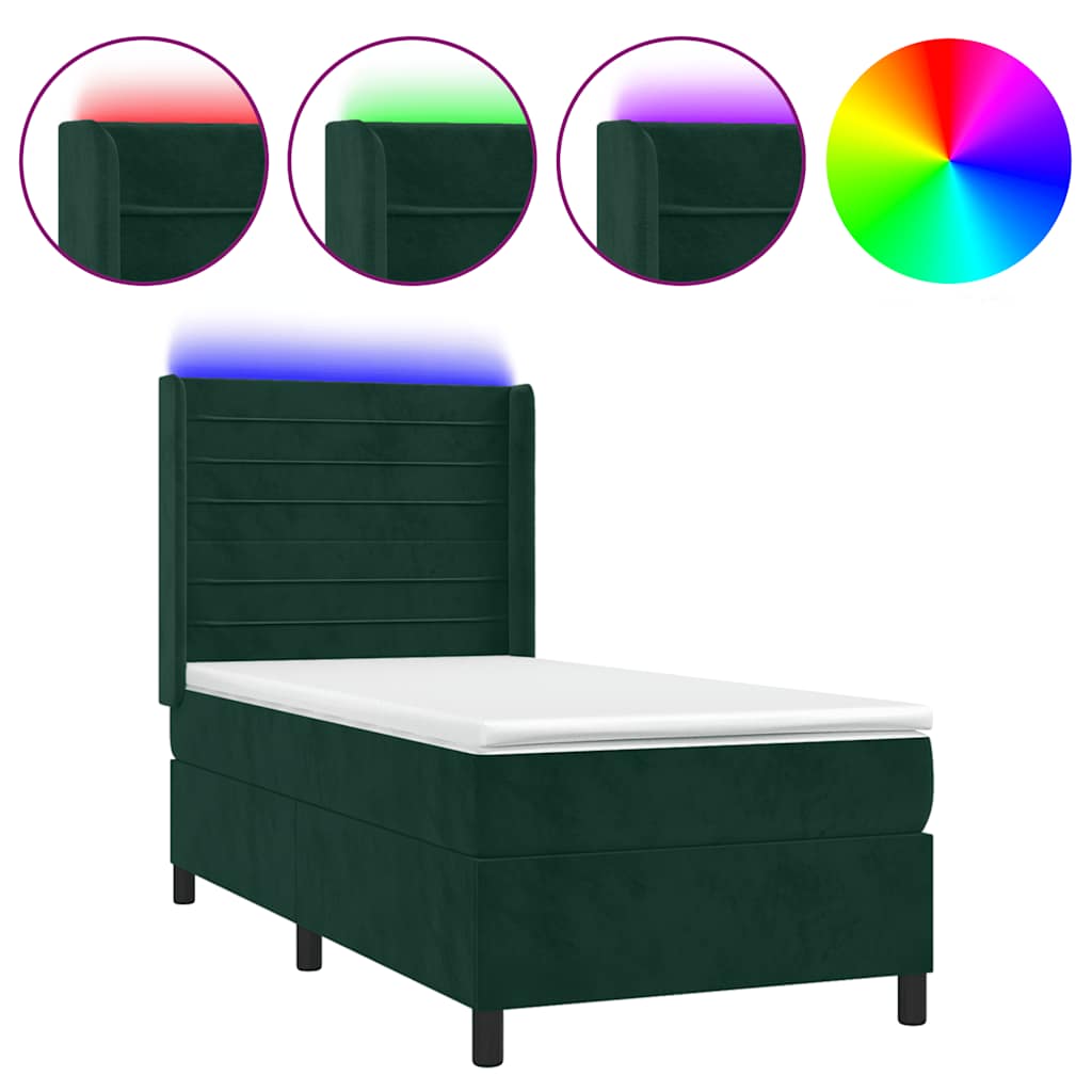 Krevet box spring s madracem LED tamnozeleni 100x200 cm baršun