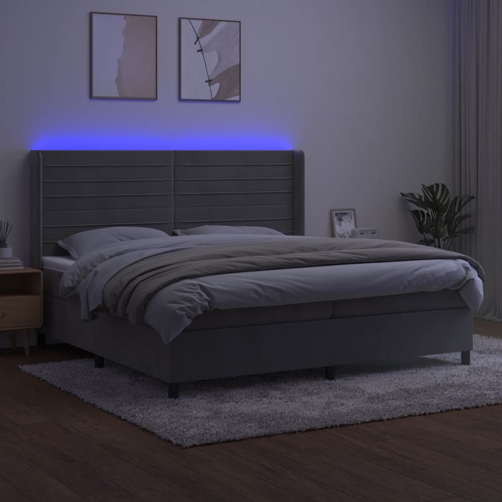 Krevet box spring s madracem LED svjetlosivi 200x200 cm baršun