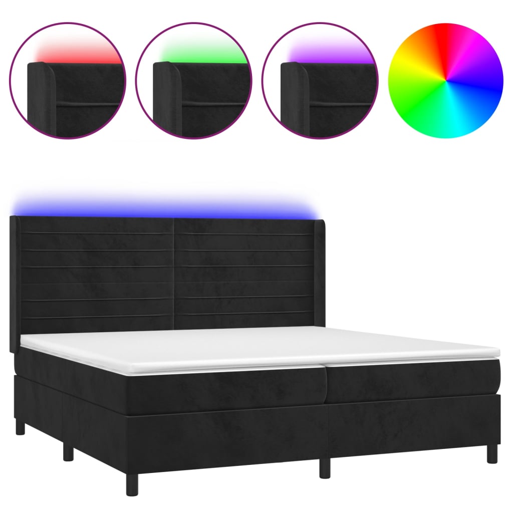 Krevet box spring s madracem LED crni 200x200 cm baršun