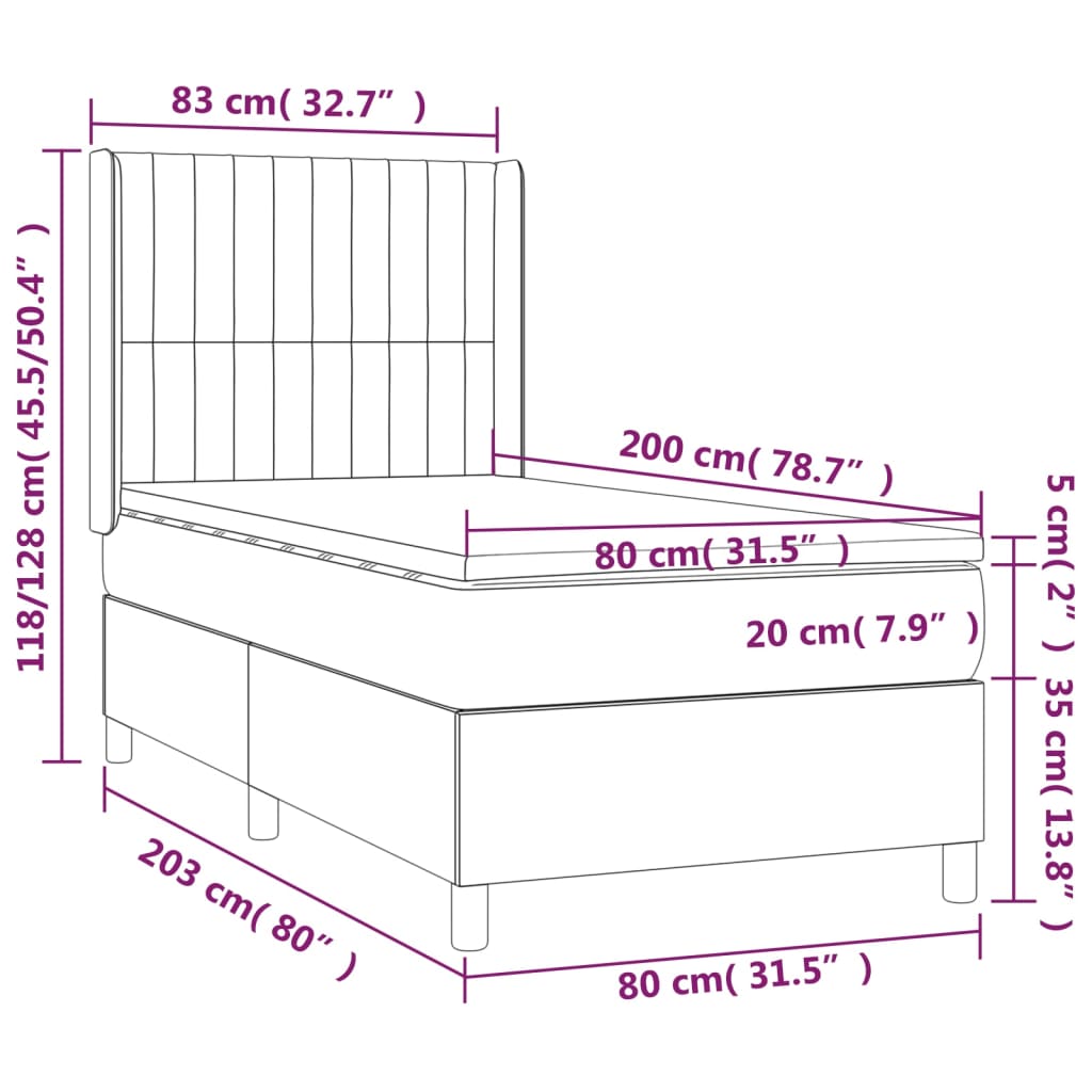 Krevet box spring s madracem LED svjetlosivi 80x200 cm baršun