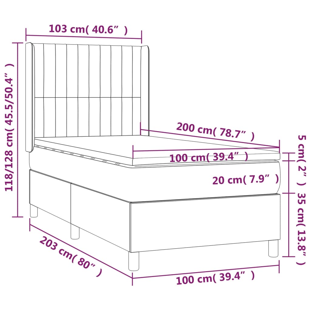 Krevet box spring s madracem LED svjetlosivi 100x200 cm baršun