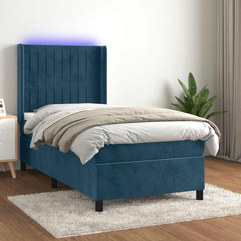 Krevet box spring s madracem LED tamnoplavi 100x200 cm baršun
