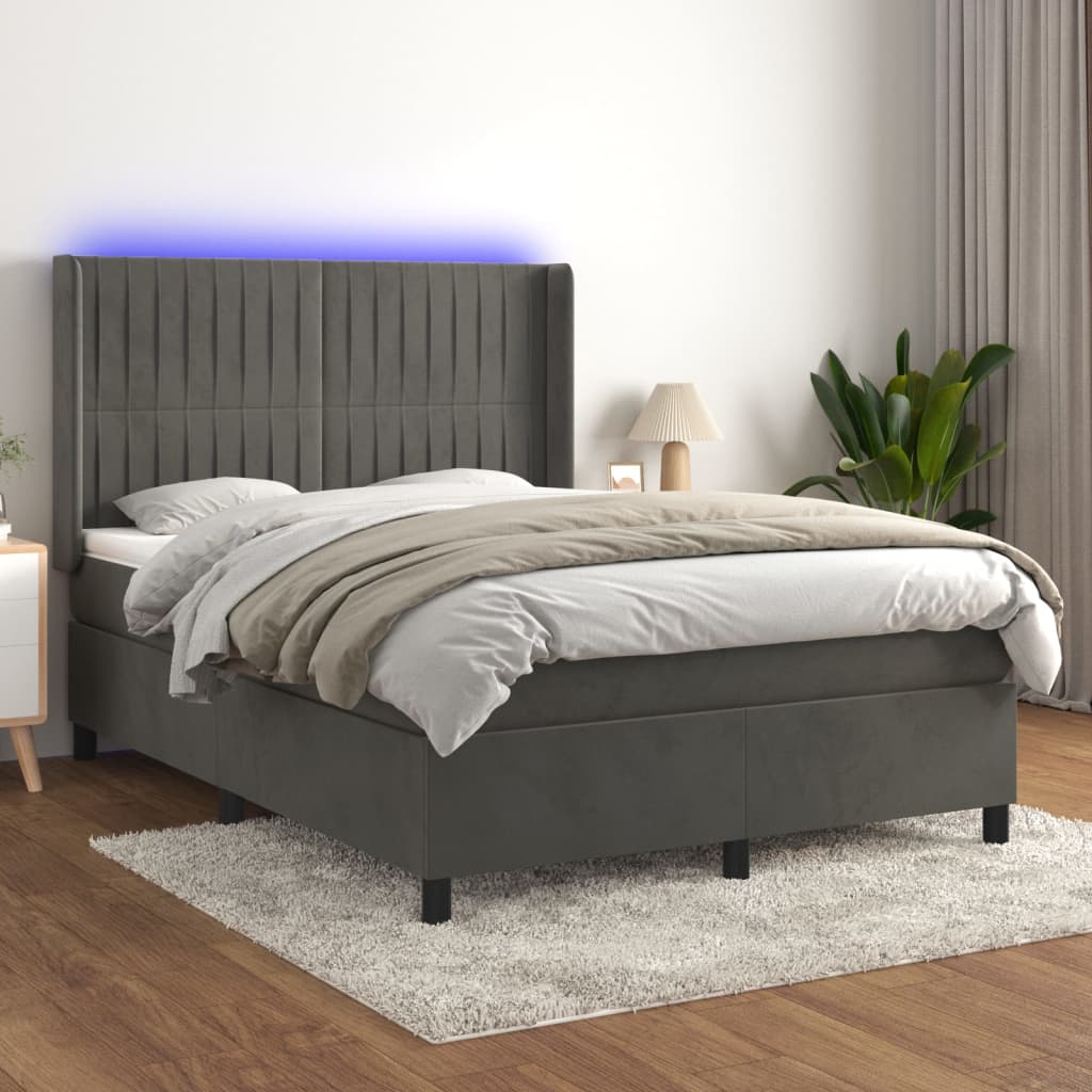 Krevet box spring s madracem LED tamnosivi 140x190 cm baršun