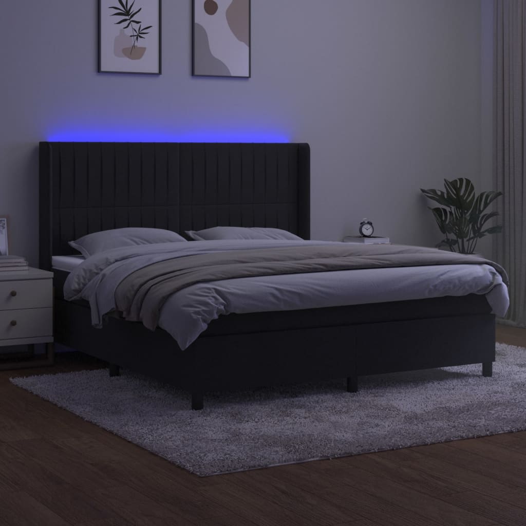Krevet box spring s madracem LED crni 180x200 cm baršun