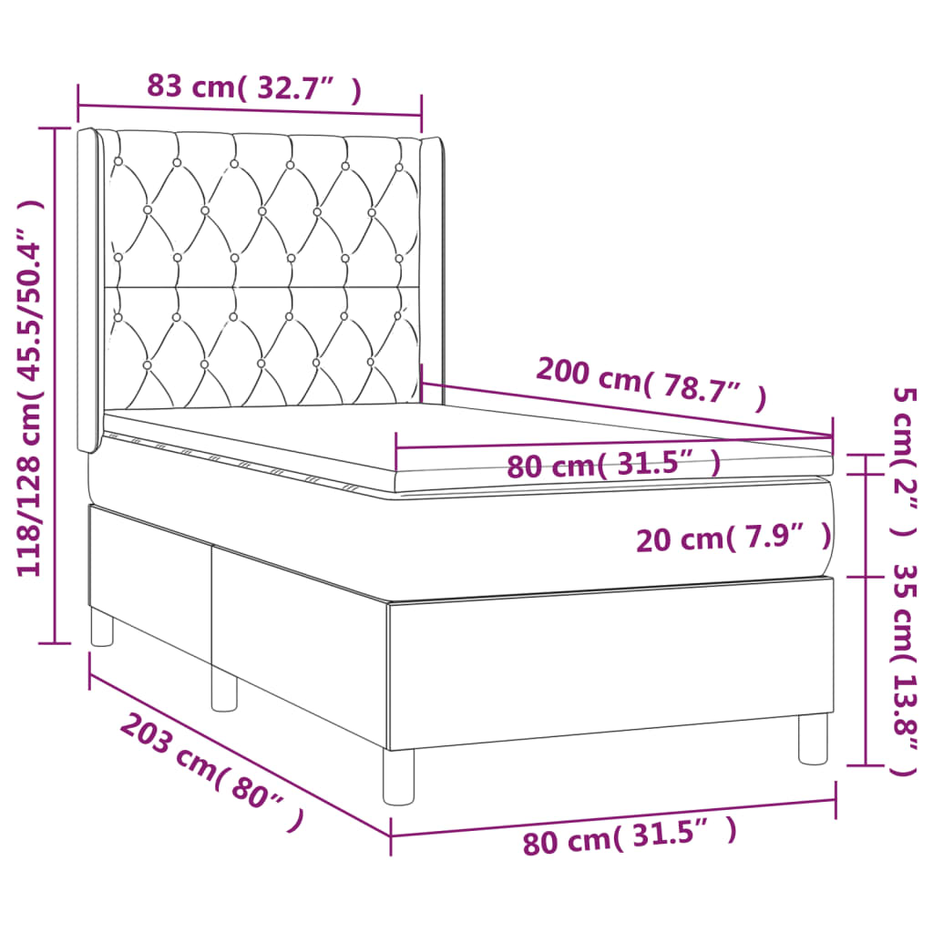 Krevet box spring s madracem LED tamnosivi 80 x 200 cm baršun