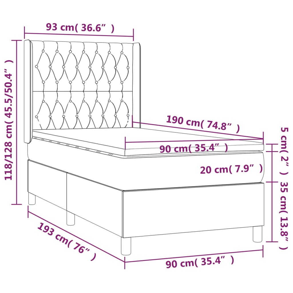 Krevet box spring s madracem LED svjetlosivi 90x190 cm baršun