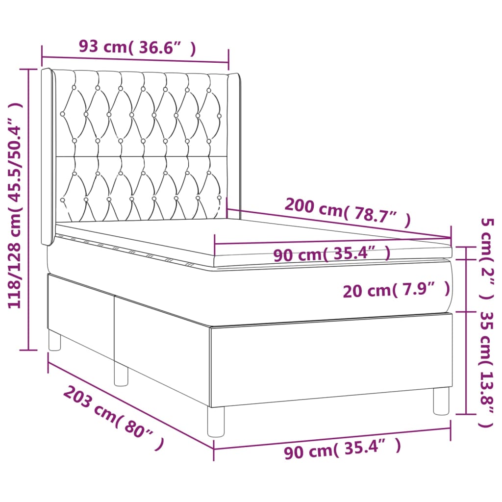 Krevet box spring s madracem LED svjetlosivi 90x200 cm baršun