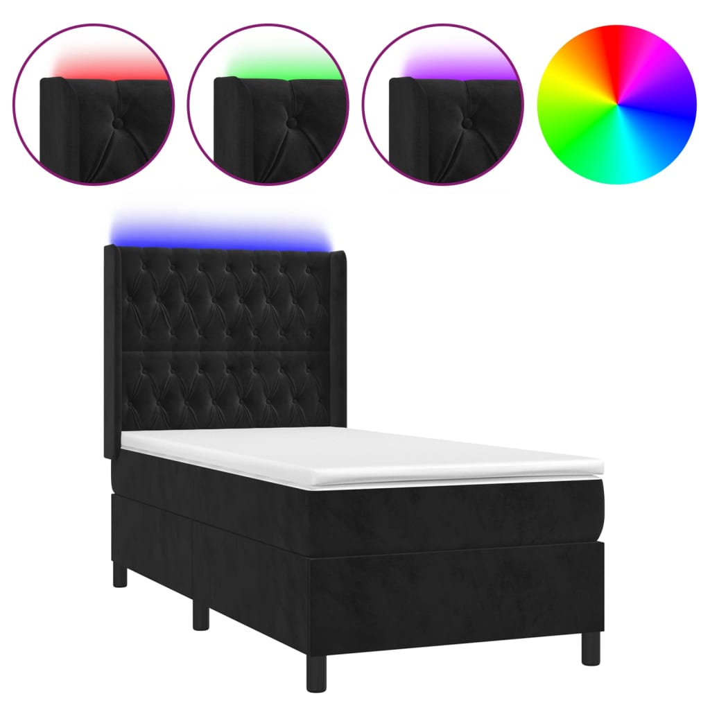 Krevet box spring s madracem LED crni 100x200 cm baršun