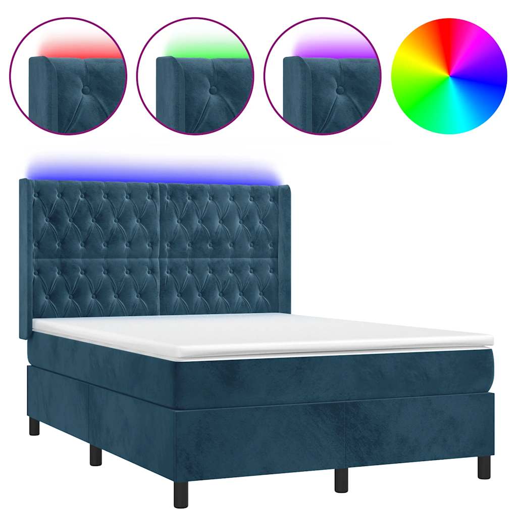 Krevet box spring s madracem LED tamnoplavi 140x190 cm baršun