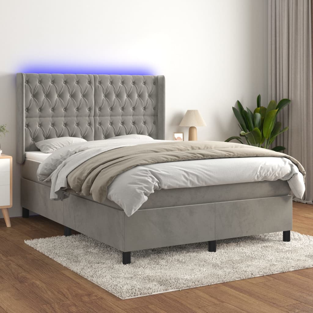 Krevet box spring s madracem LED svjetlosivi 140x200 cm baršun