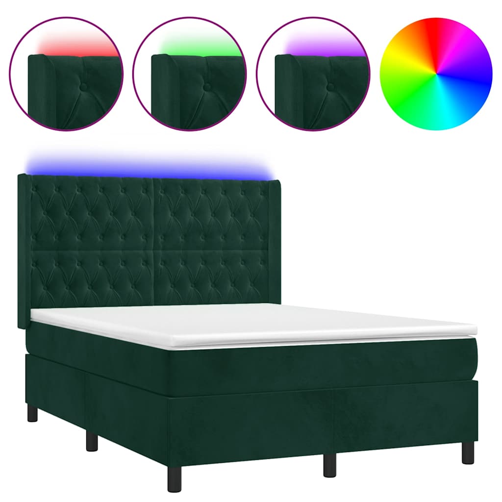 Krevet box spring s madracem LED tamnozeleni 140x200 cm baršun
