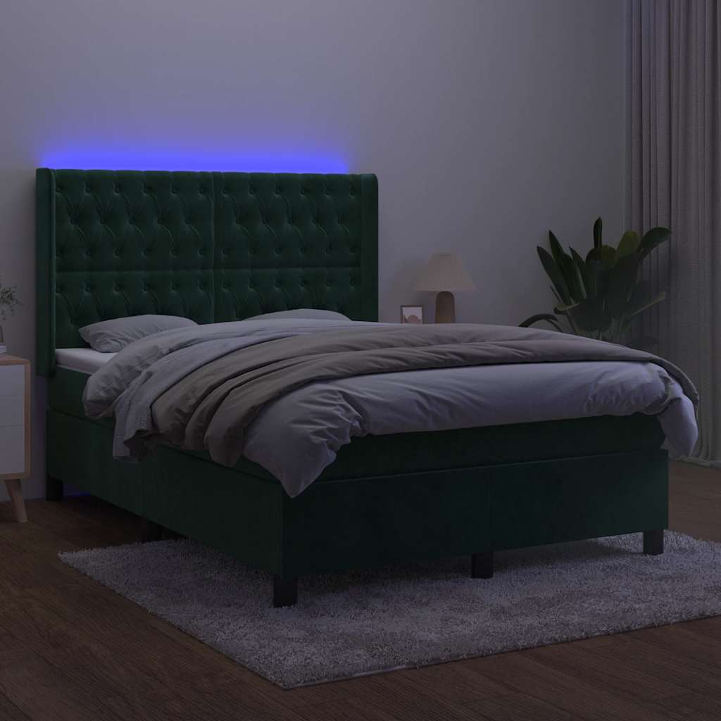 Krevet box spring s madracem LED tamnozeleni 140x200 cm baršun