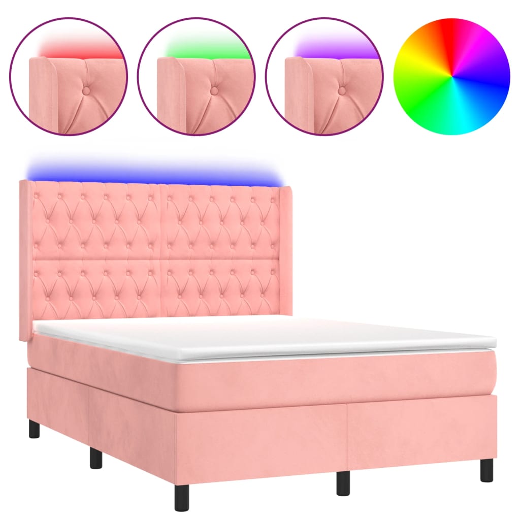 Krevet box spring s madracem LED ružičasti 140x200cm baršunasti