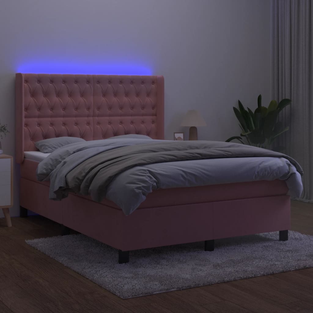 Krevet box spring s madracem LED ružičasti 140x200cm baršunasti