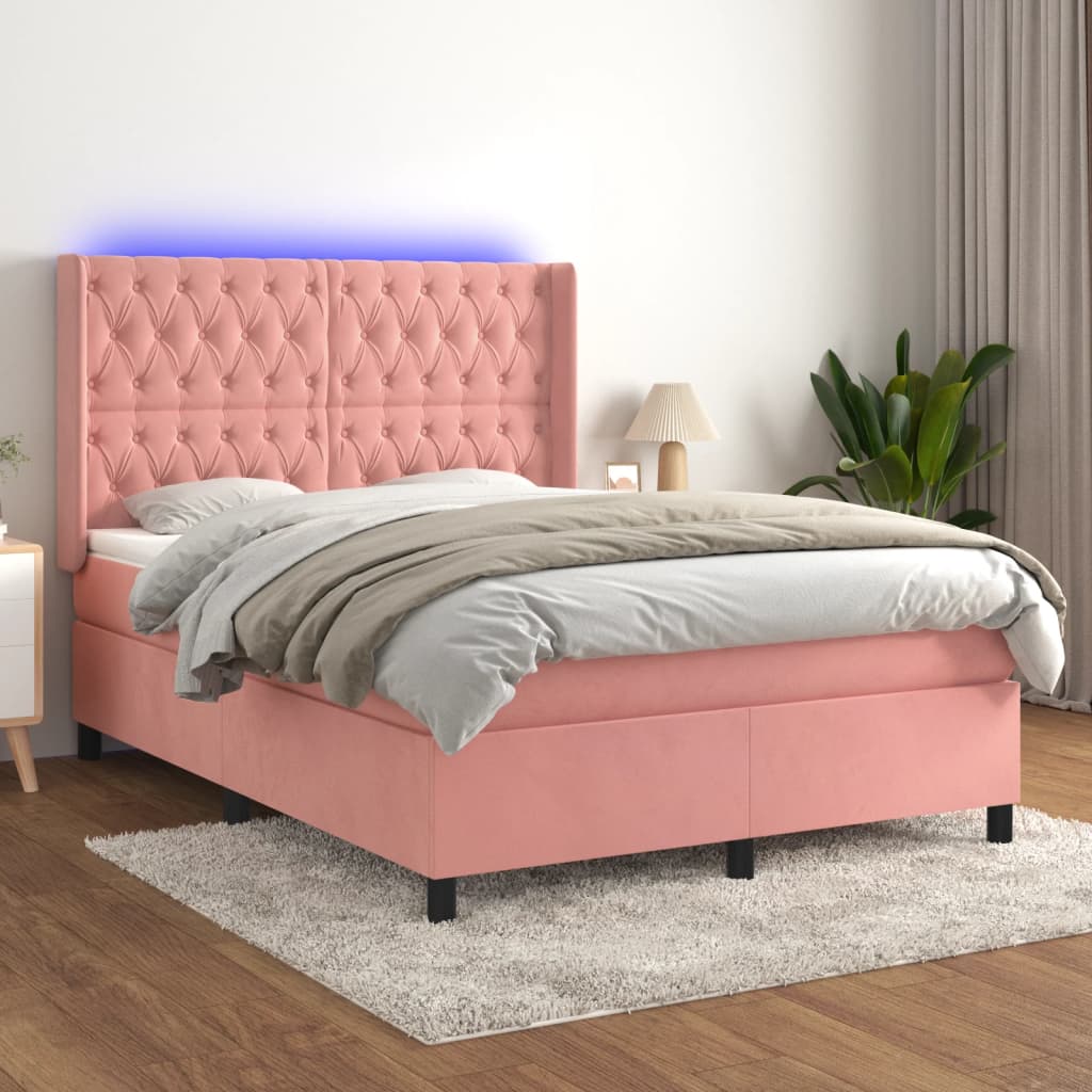 Krevet box spring s madracem LED ružičasti 140x200cm baršunasti