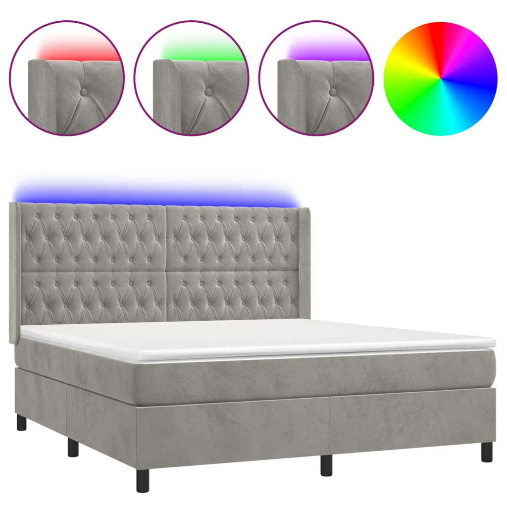 Krevet box spring s madracem LED svjetlosivi 180x200 cm baršun