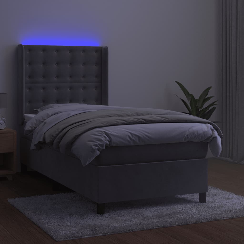 Krevet box spring s madracem LED svjetlosivi 90x200 cm baršun