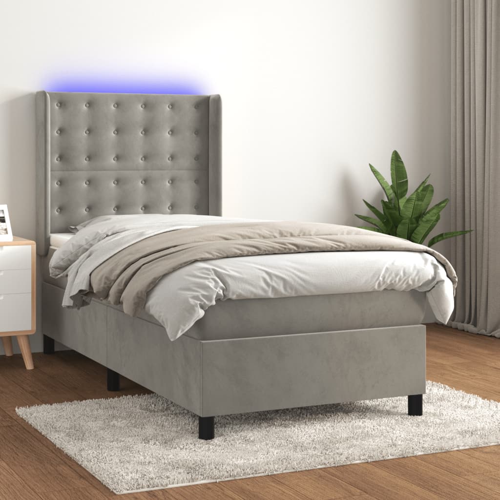 Krevet box spring s madracem LED svjetlosivi 100x200 cm baršun